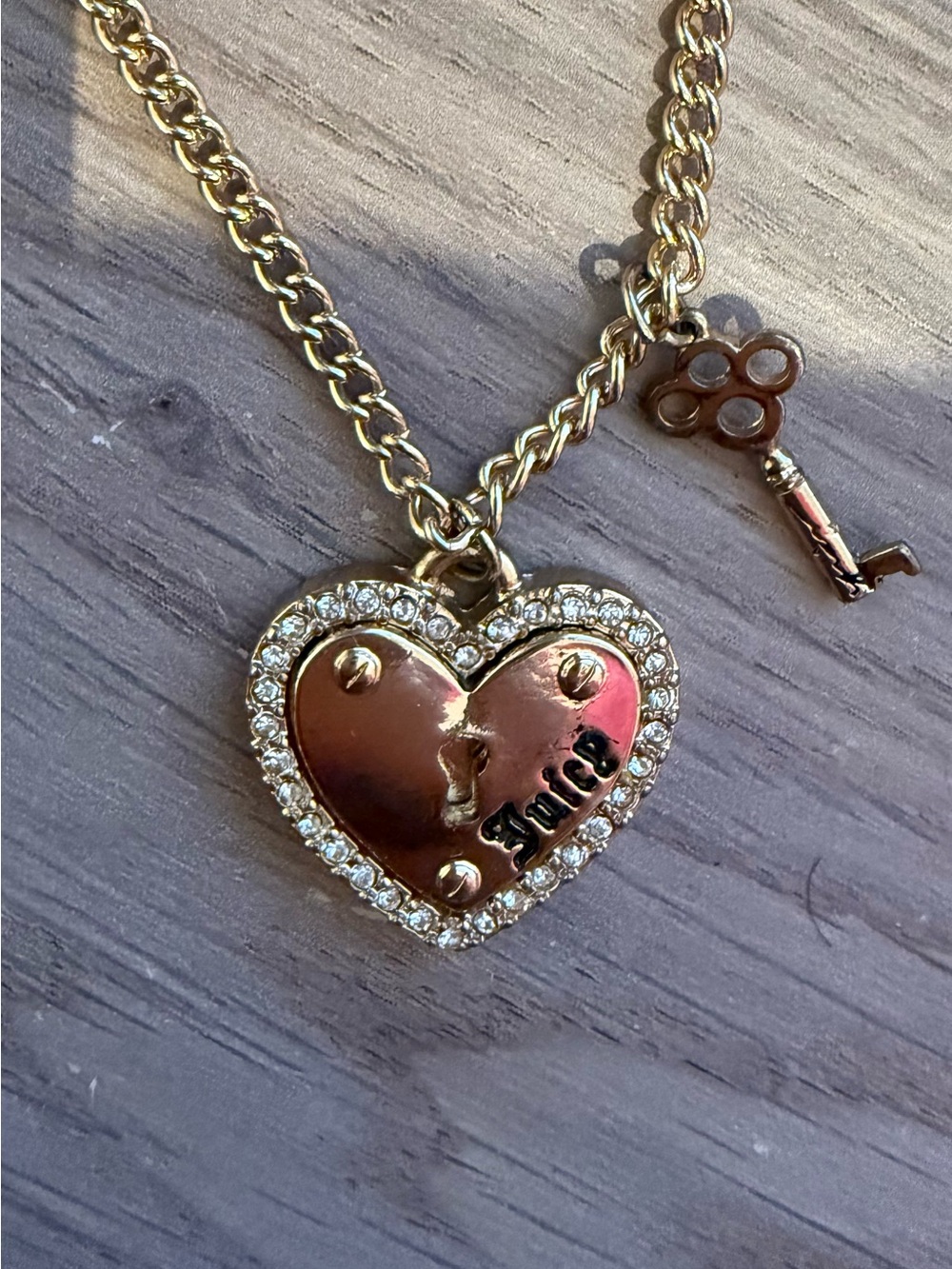 Juicy Couture Gold Crystal Heart Lock and Key Pendant Necklace
